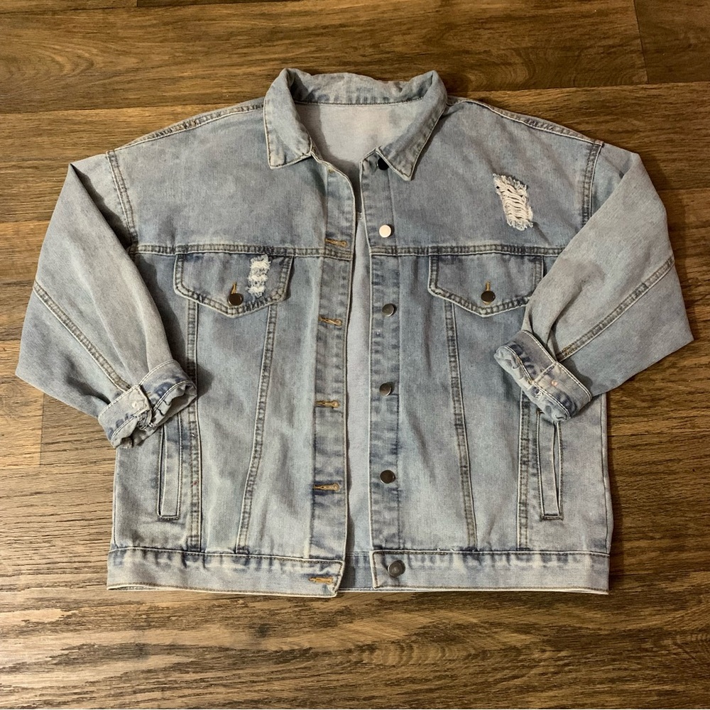 Women Distressed Jean Jacket Light Blue Denim Jacket Size Large